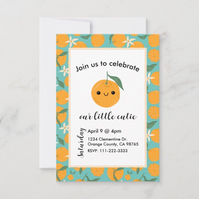Cutie Clementine Mandarin Tangerine Orange Blue Invitation (Front)