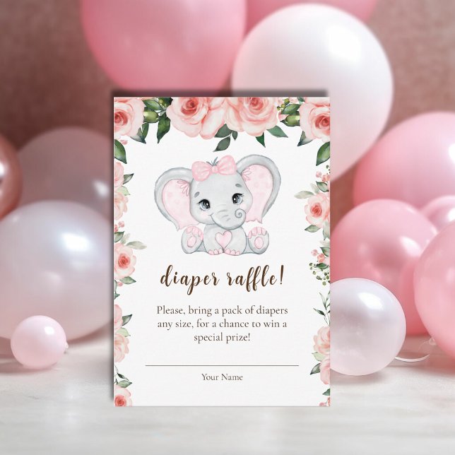 Cutie Elephant Blush Pink Floral Diaper Raffle Enclosure Card (Cutie Elephant Blush Pink Floral Diaper Raffle Enclosure Card)