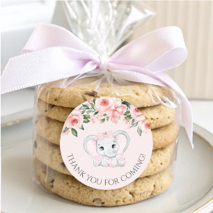 Cutie Elephant Blush Pink Floral Girl Baby Shower Classic Round Sticker