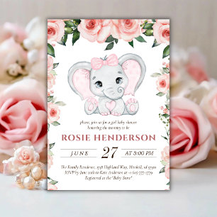 Cutie Elephant Blush Pink Floral Girl Baby Shower Invitation