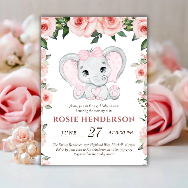 Cutie Elephant Blush Pink Floral Girl Baby Shower Invitation (Cutie Elephant Blush Pink Floral Girl Baby Shower Invitation)