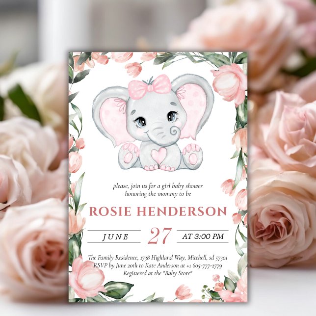 Cutie Elephant Blush Pink Floral Girl Baby Shower Invitation (Cutie Elephant Blush Pink Floral Girl Baby Shower Invitation!)