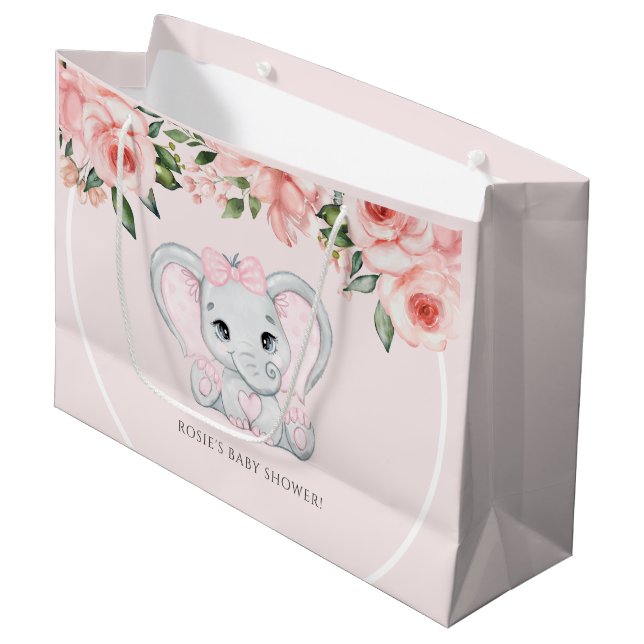 Cutie Elephant Blush Pink Floral Girl Baby Shower Large Gift Bag (Front Angled)