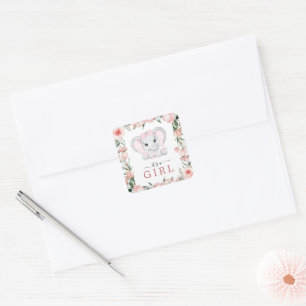 Cutie Elephant Blush Pink Floral Girl Baby Shower Square Sticker