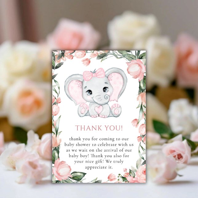 Cutie Elephant Blush Pink Floral Girl Baby Shower Thank You Card (Cutie Elephant Blush Pink Floral Girl Baby Shower Thank You Card)