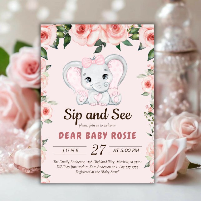 Cutie Elephant Blush Pink Floral Sip and See Invitation (Cutie Elephant Blush Pink Floral Sip and See Invitation)