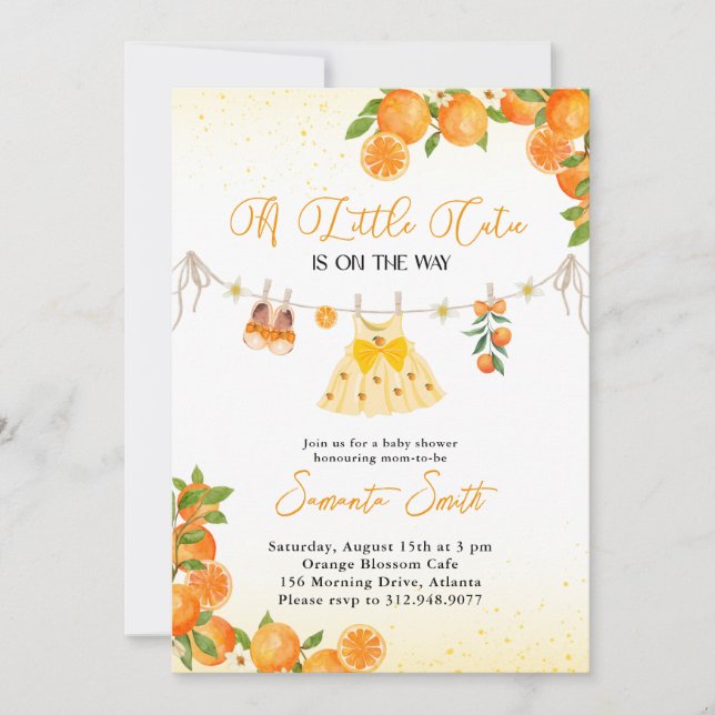 Cutie Girl Orange Clothesline Baby Shower Invitation (Front)