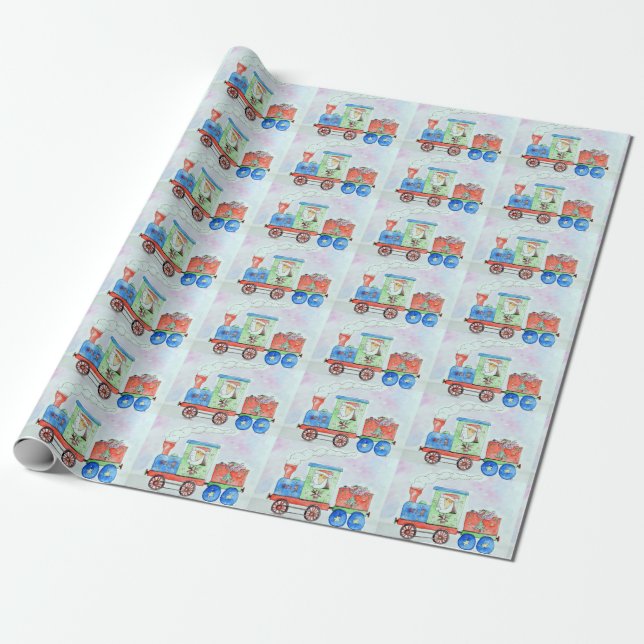 Cutie in her Christmas Train Watercolour Painting Wrapping Paper (Unrolled)