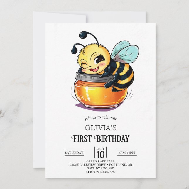 Cutie Little Digital Bee 1st Birthday Invitation (Front)