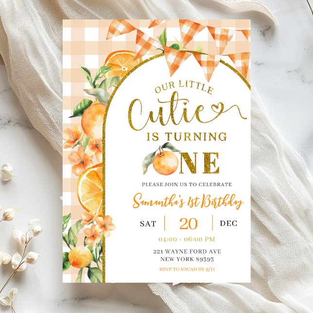 Cutie Orange Gingham 1st birthday Invitation (Creator Uploaded)