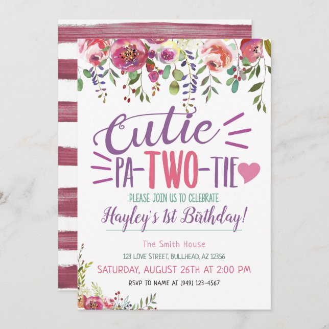 Cutie Pa-Two-Tie 2nd Birthday Girls Floral invite (Front/Back)