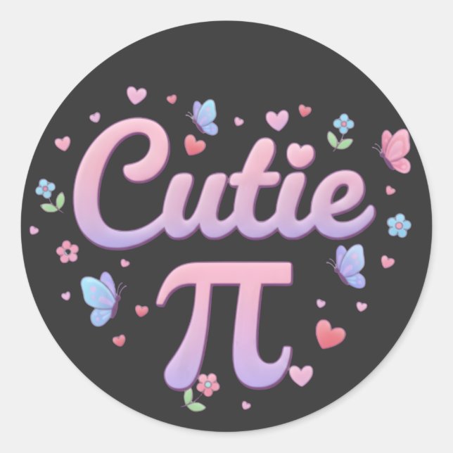 Cutie Pi Symbol Math Pun Pink Butterfly Hearts Classic Round Sticker (Front)