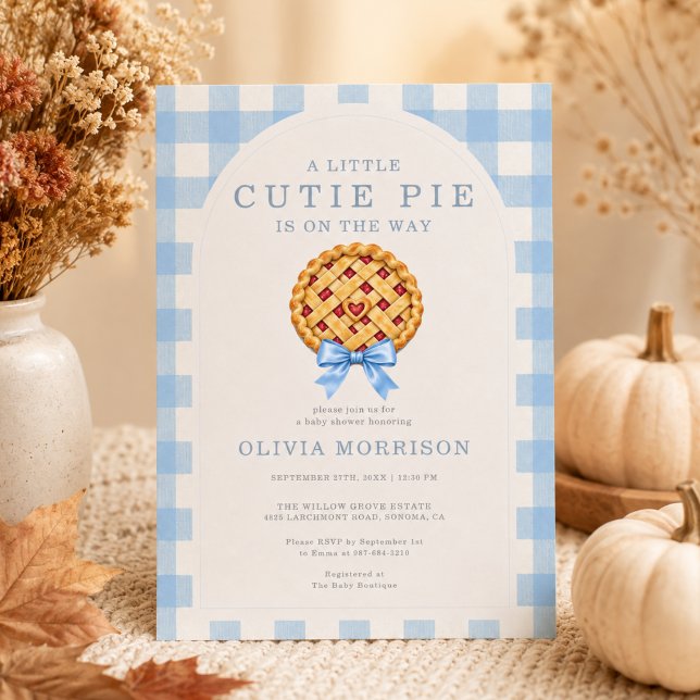 Cutie Pie Blue Bow Boy Gingham Baby Shower Invitation (Creator Uploaded)