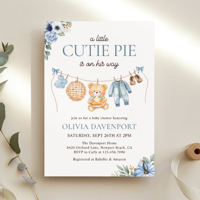Cutie Pie Blue Fall Teddy Bear Boy Baby Shower Invitation (Creator Uploaded)