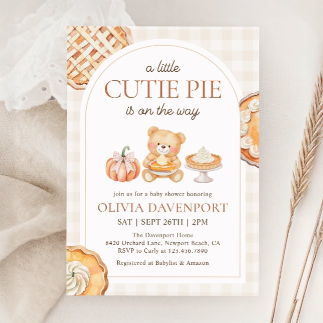 Cutie Pie Gingham Teddy Bear Fall Baby Shower Invitation (Creator Uploaded)