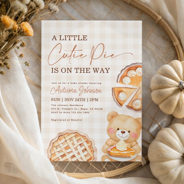 Cutie Pie Gingham Teddy Bear Fall Baby Shower Invitation (Creator Uploaded)