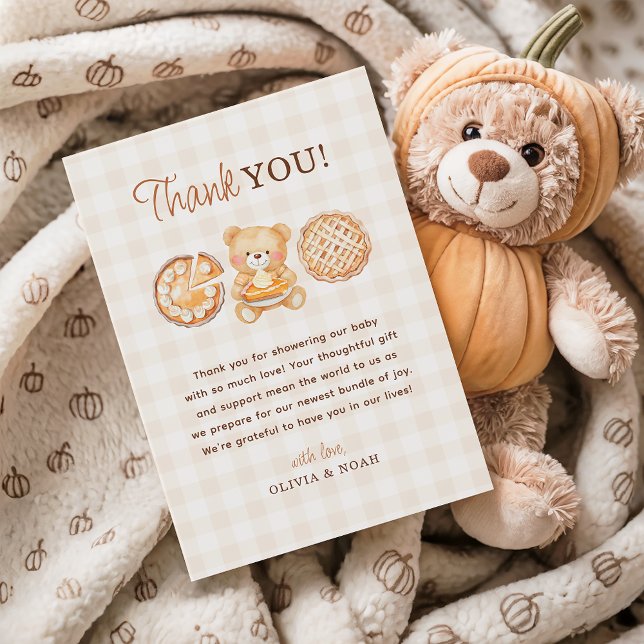 Cutie Pie Gingham Teddy Bear Fall Baby Shower Thank You Card (Creator Uploaded)