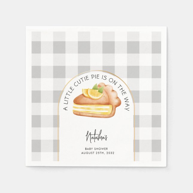 Cutie Pie On Way Grey Gingham Plaid Baby Shower Napkin (Front)