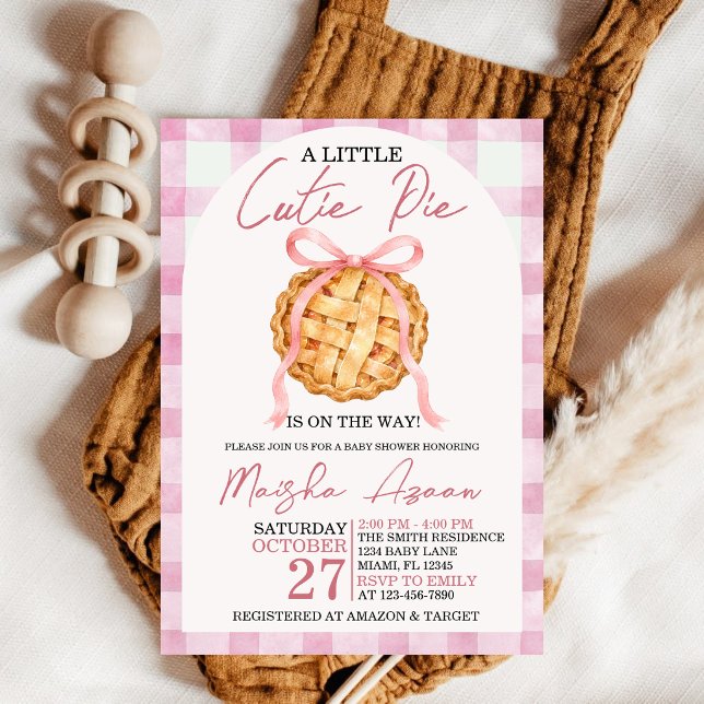 Cutie Pie Pastel Pink Bow Gingham Fall Baby Shower Invitation (Creator Uploaded)