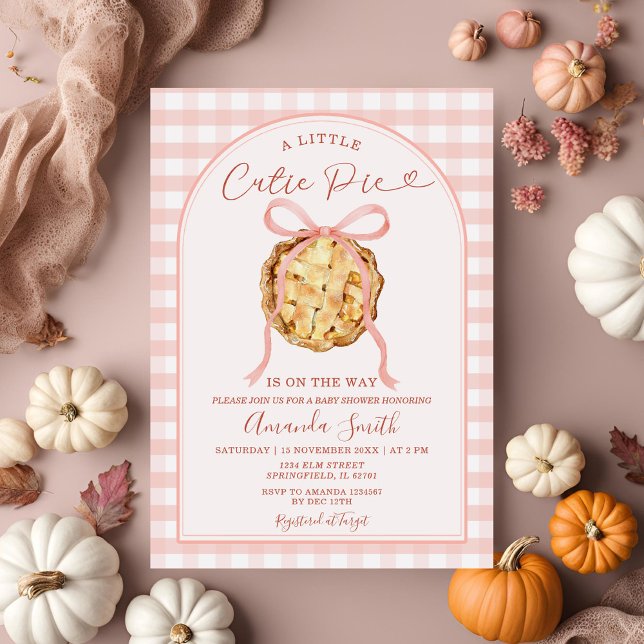 Cutie Pie Pastel Pink Bow Gingham Fall Baby Shower Invitation (Creator Uploaded)
