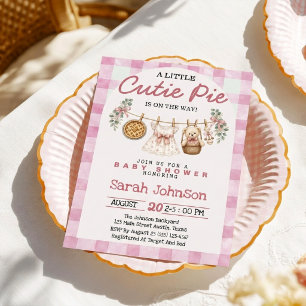 Cutie Pie Pastel Pink Bow Gingham Fall Baby Shower Invitation