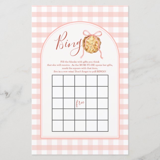 Cutie Pie Pastel Pink Bow Gingham Fall Bingo Game (Front)