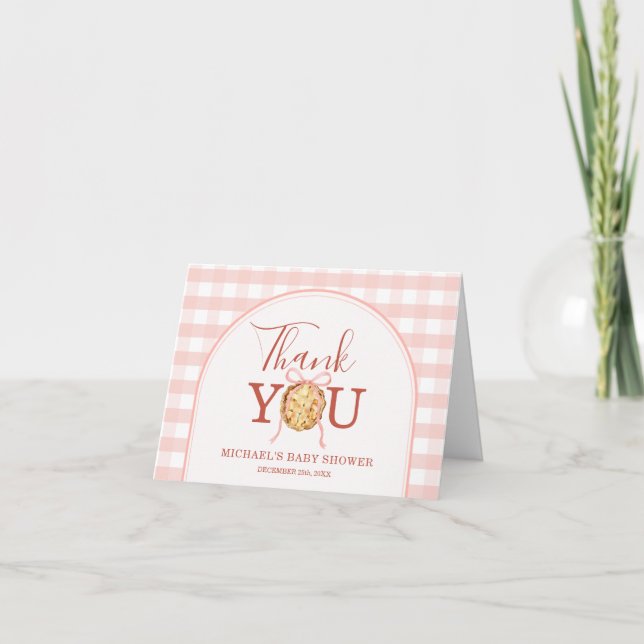 Cutie Pie Pastel Pink Gingham Baby Shower Folded Thank You Card (Front)