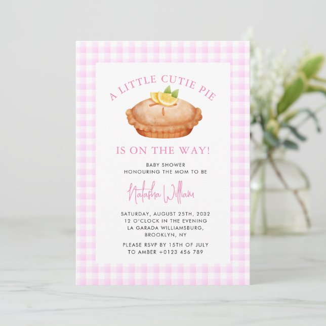 Cutie Pie Pink Chequered Fall Baby Shower Invitation (Standing Front)