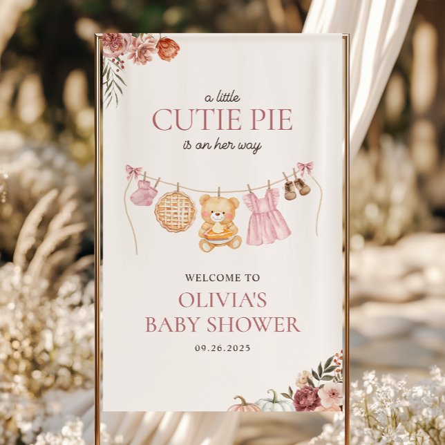 Cutie Pie Pink Fall Bear Girl Baby Shower Welcome Banner (Creator Uploaded)