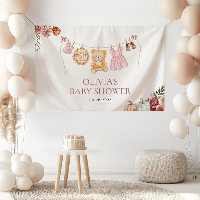 Cutie Pie Pink Fall Bear Girl Baby Shower Welcome Banner (Creator Uploaded)