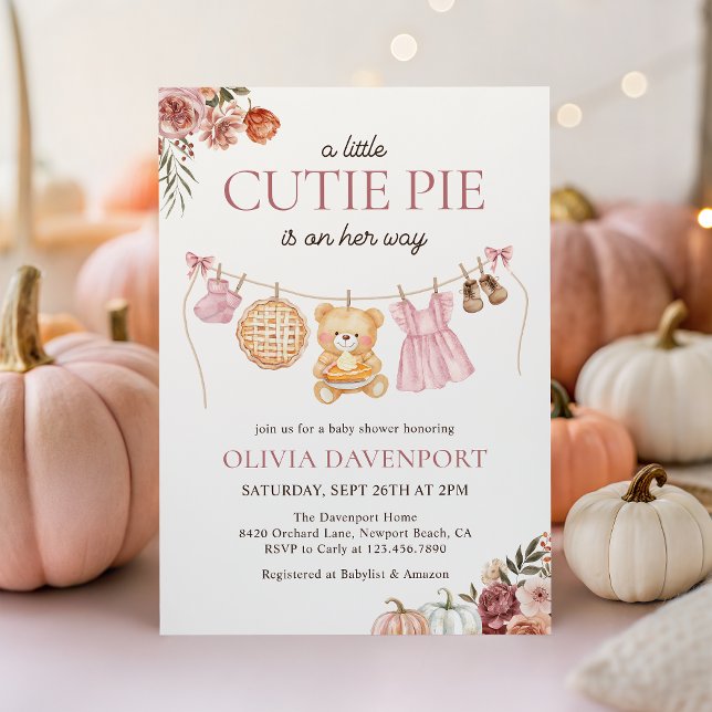 Cutie Pie Pink Fall Teddy Bear Girl Baby Shower Invitation (Creator Uploaded)