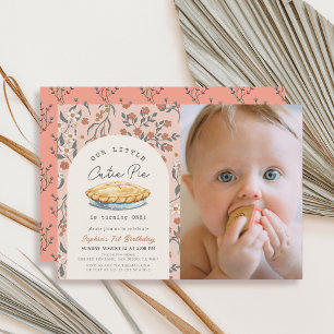 Cutie Pie Pink Floral Girl 1st Birthday Photo Invitation