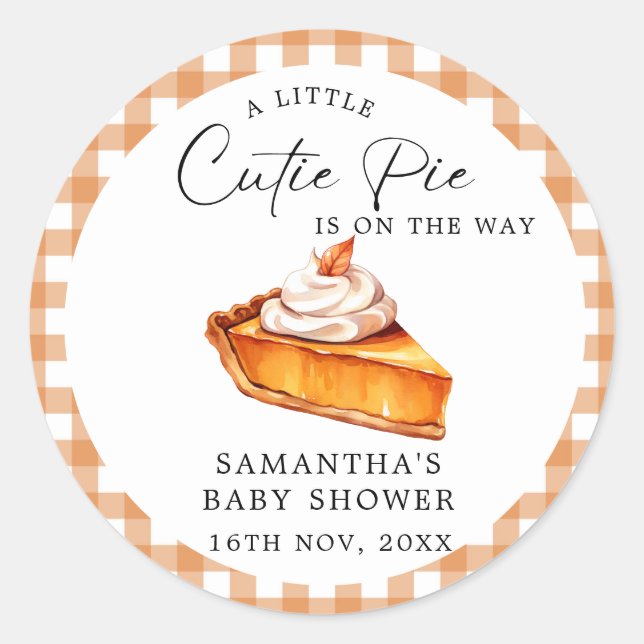 Cutie Pie Pumpkin Fall Gingham Baby Shower  Classic Round Sticker (Front)