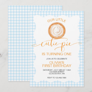 Cutie Pie pumpkin pie blue plaid First Birthday Invitation