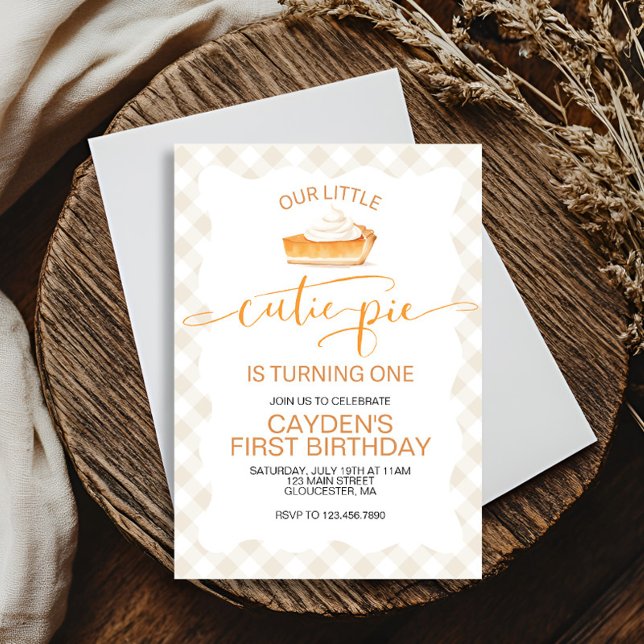 Cutie Pie pumpkin pie Fall plaid First Birthday Invitation (Creator Uploaded)