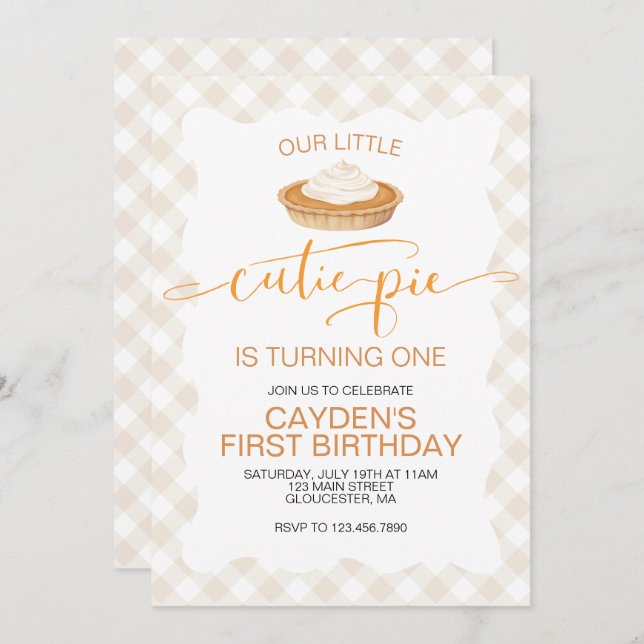 Cutie Pie pumpkin pie Fall plaid First Birthday Invitation (Front/Back)