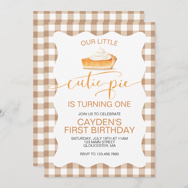 Cutie Pie pumpkin pie Fall plaid First Birthday Invitation (Front/Back)