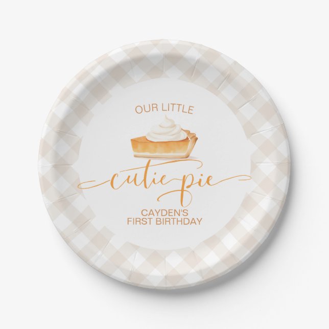 Cutie Pie pumpkin pie Fall plaid First Birthday Paper Plate (Front)