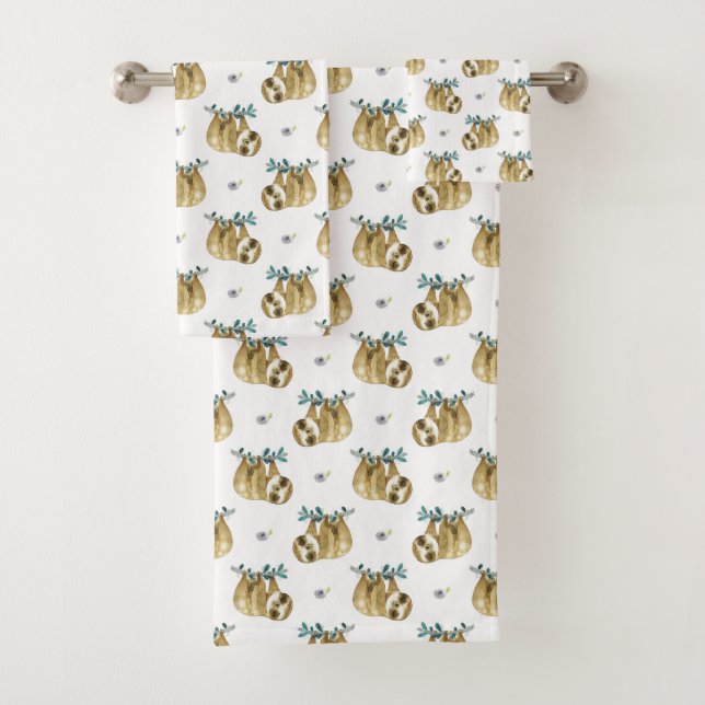 Cutie Pie Watercolor Sloth Pattern Bath Towel Set (Insitu)