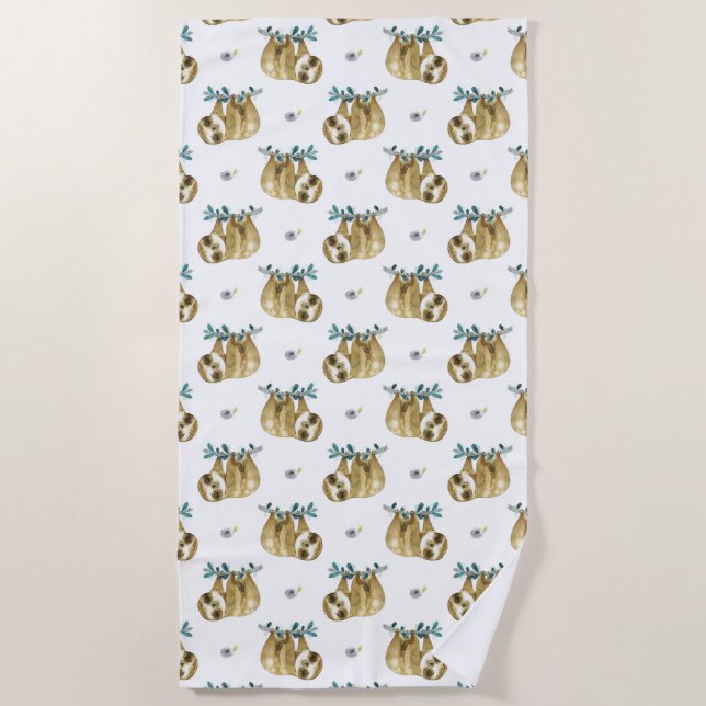 Cutie Pie Watercolor Sloth Pattern Beach Towel (Front)