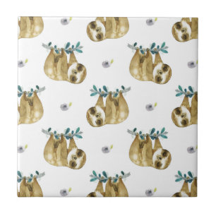 Cutie Pie Watercolor Sloth Pattern Ceramic Tile