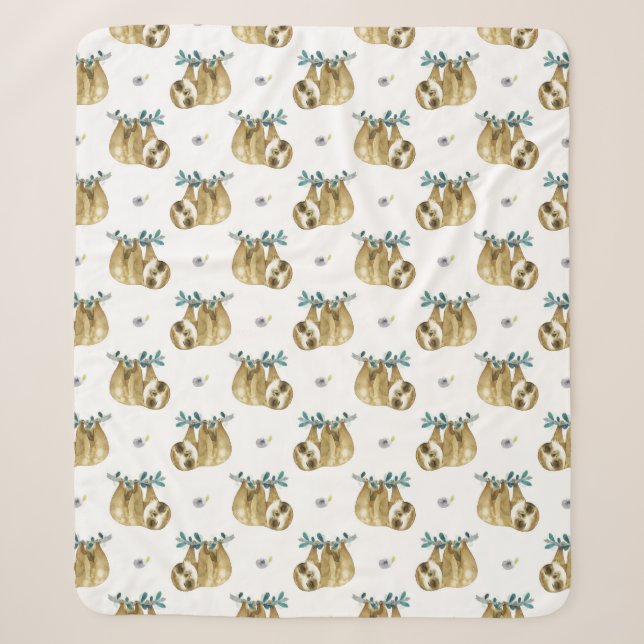 Cutie Pie Watercolor Sloth Pattern Sherpa Blanket (Front)