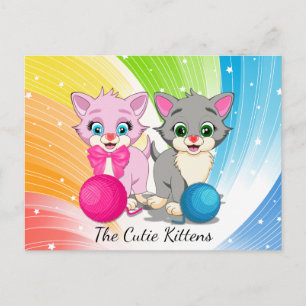 Cutie Pink and Grey Kittens Cartoon Postcard