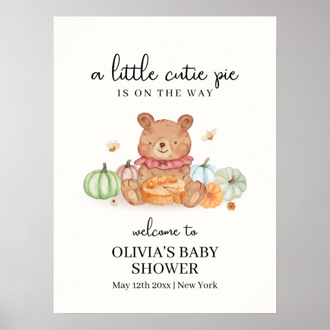 Cutie Pumpkin Pie Teddy Bear Baby Shower Welcome Poster (Front)