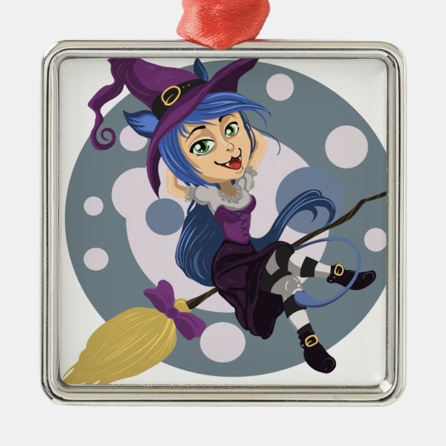 Cutie Witch with broom Halloween Metal Tree Decoration (Front)