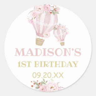 Cuties Flower Hot Air Balloon Girl 1st Birthday  Classic Round Sticker