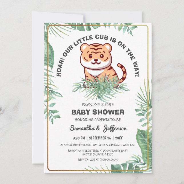Cuties Greenery Tropical Forest Tiger Baby Shower Invitation (Front)
