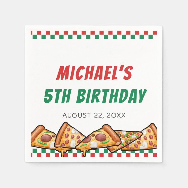 Cuties Pizza Party Red Green Caro 5th Birthday Napkin (Front)