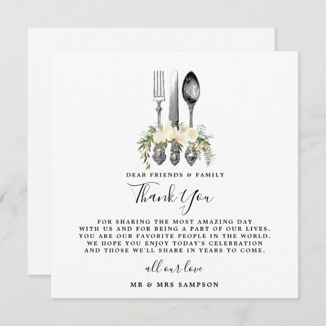 cutlery floral wedding thank you reception card (Front/Back)