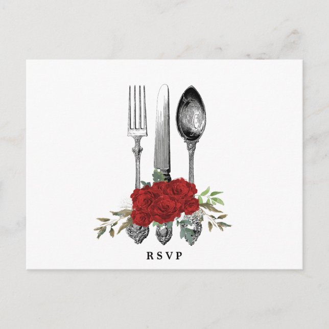 cutlery red florals wedding rsvp postcard (Front)